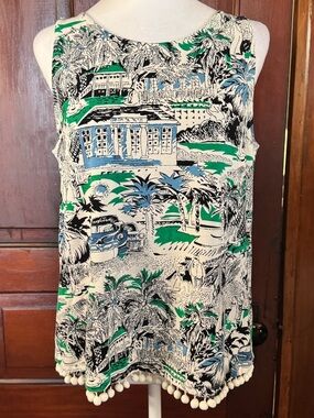 Ann Taylor Factory Sleeveless Top Size Medium With Baubles Vacation Print